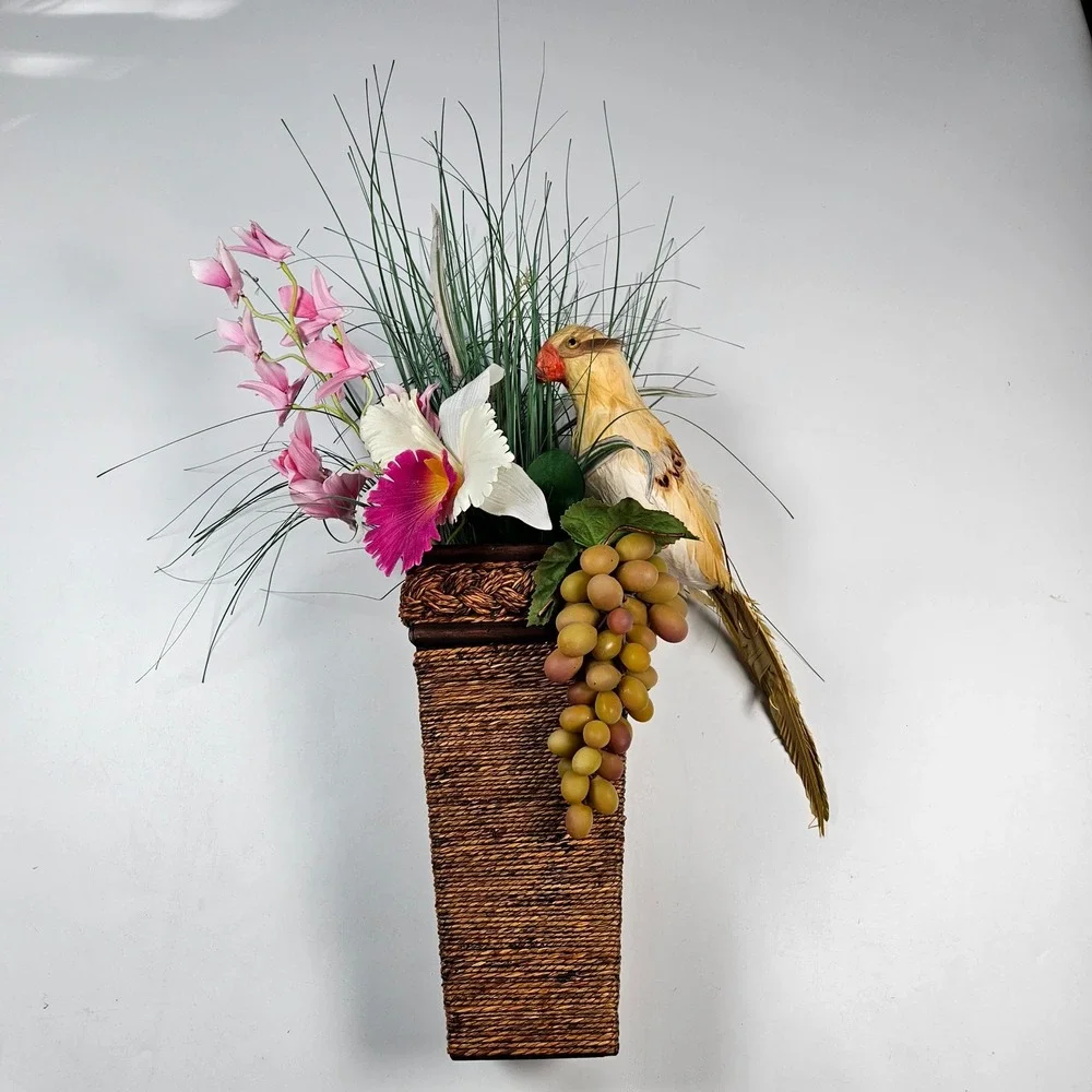 Floral‎ Wall Decor OS Brown Pink Tropical Orchid Bird Tiki Arrangement Beach
